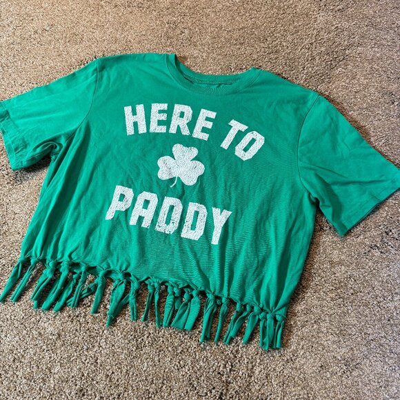 Here To Paddy Green Short Sleeve Shirt Crop Tie St Patrick's Party Tshirt Size L - Picture 1 of 6